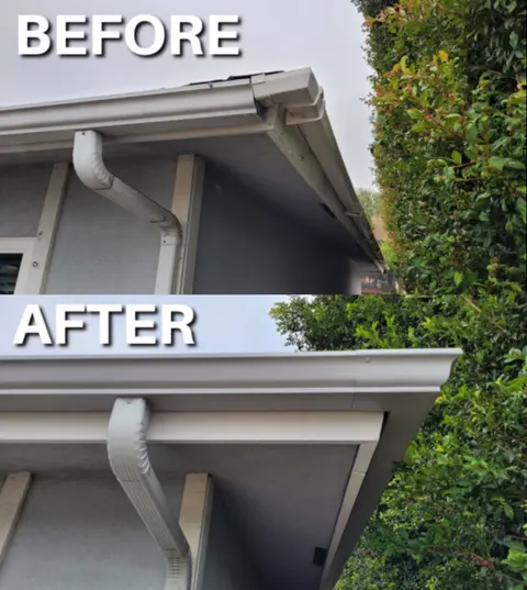 Before and after photos of new 6-inch gutters installed by MoCo