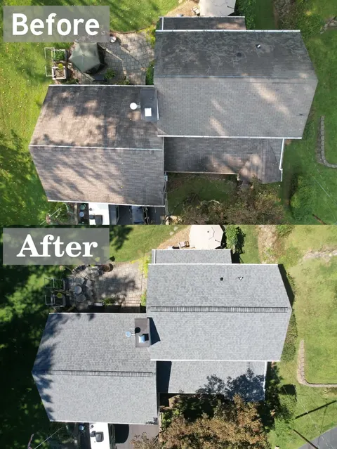 Before and after overhead photos of a MoCo roof replacement