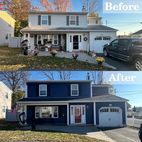Before and after photos of a house re-sided in navy blue by MoCo
